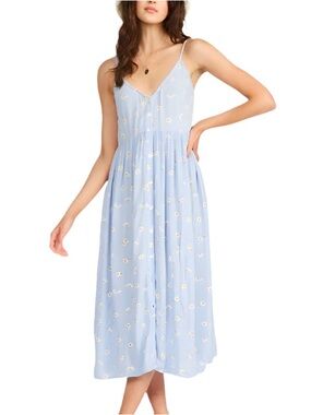 Billabong Blue Daisy Floral Button Front Midi Dress Smocked Back Size M